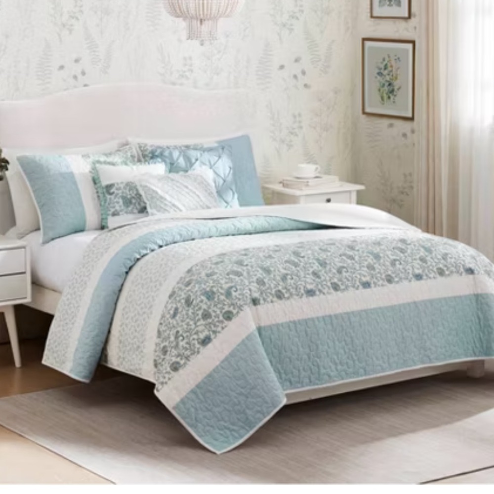 Madison Park 6pc Reversible Stela Cotton Percale Throw Pillows Quilt Bedding Set